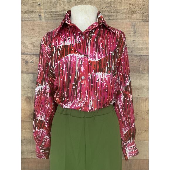 Vintage 1970’s Disco Abstract Pointy Collar Shirt Sz M/L Hippie Blouse - Picture 1 of 8